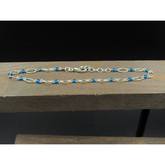 Jewelry - 10" Sterling Silver Blue Beaded Chain Ankle Bracelet Vintage Elegant Beautiful